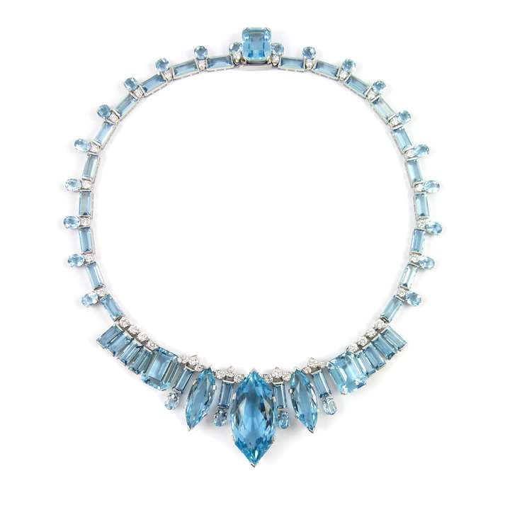 Aquamarine and diamond necklace with principal marquise cut aquamarine to the front